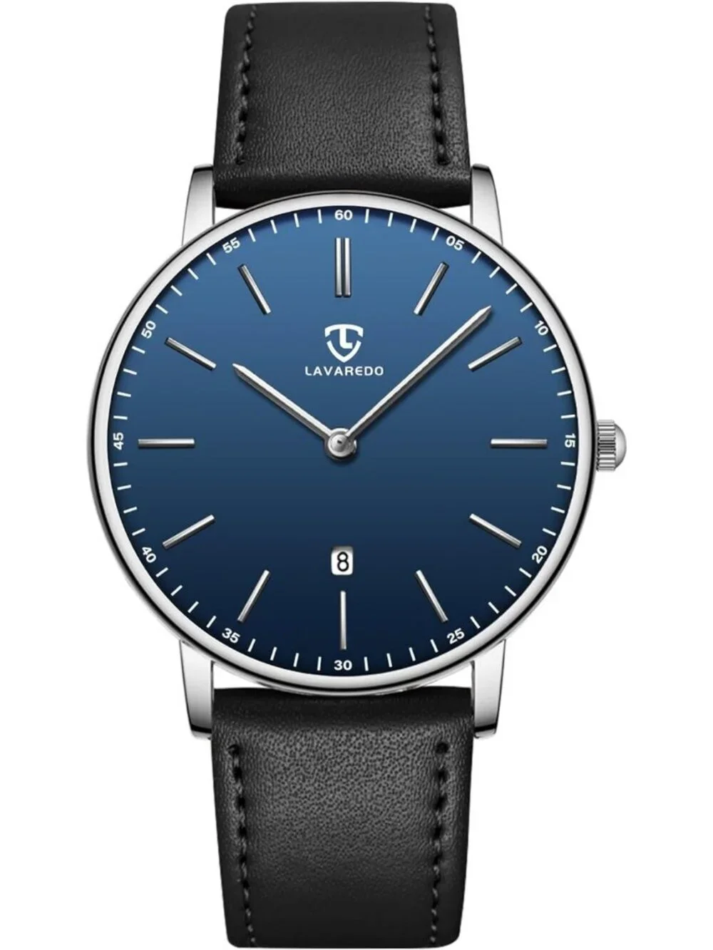 Men's Blue Dial Black Leather Strap Analog Minimalist Fashion Simple Wrist Watch